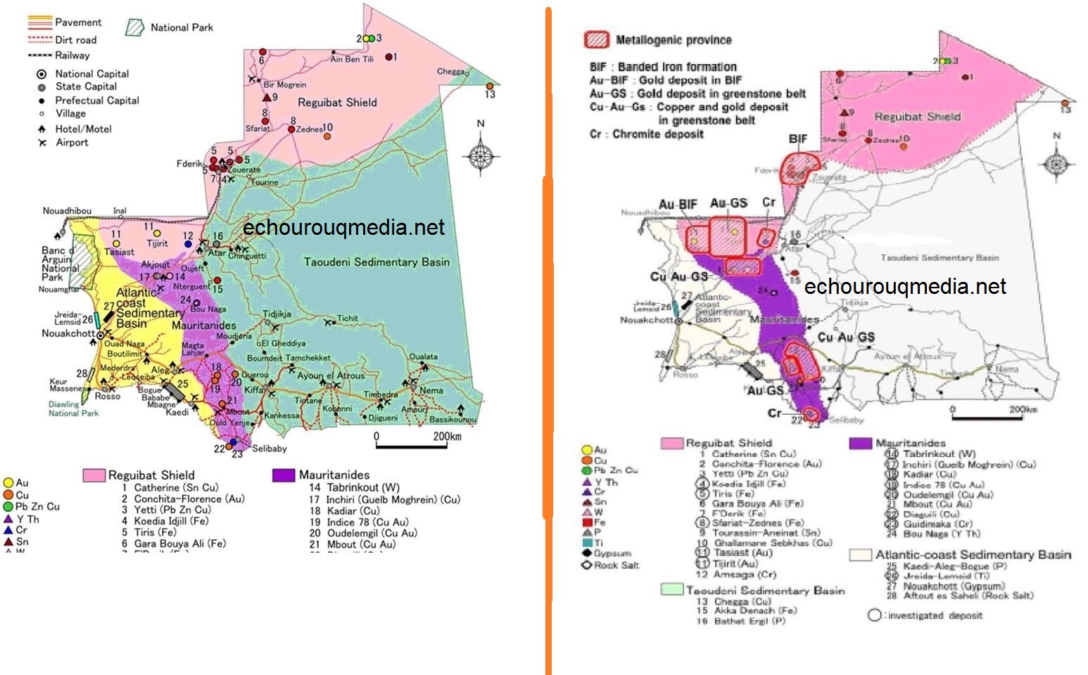خريطتان تحددان موااقع الذهب في موريتانيا ويرمز لمعدن الذهب  ب AU